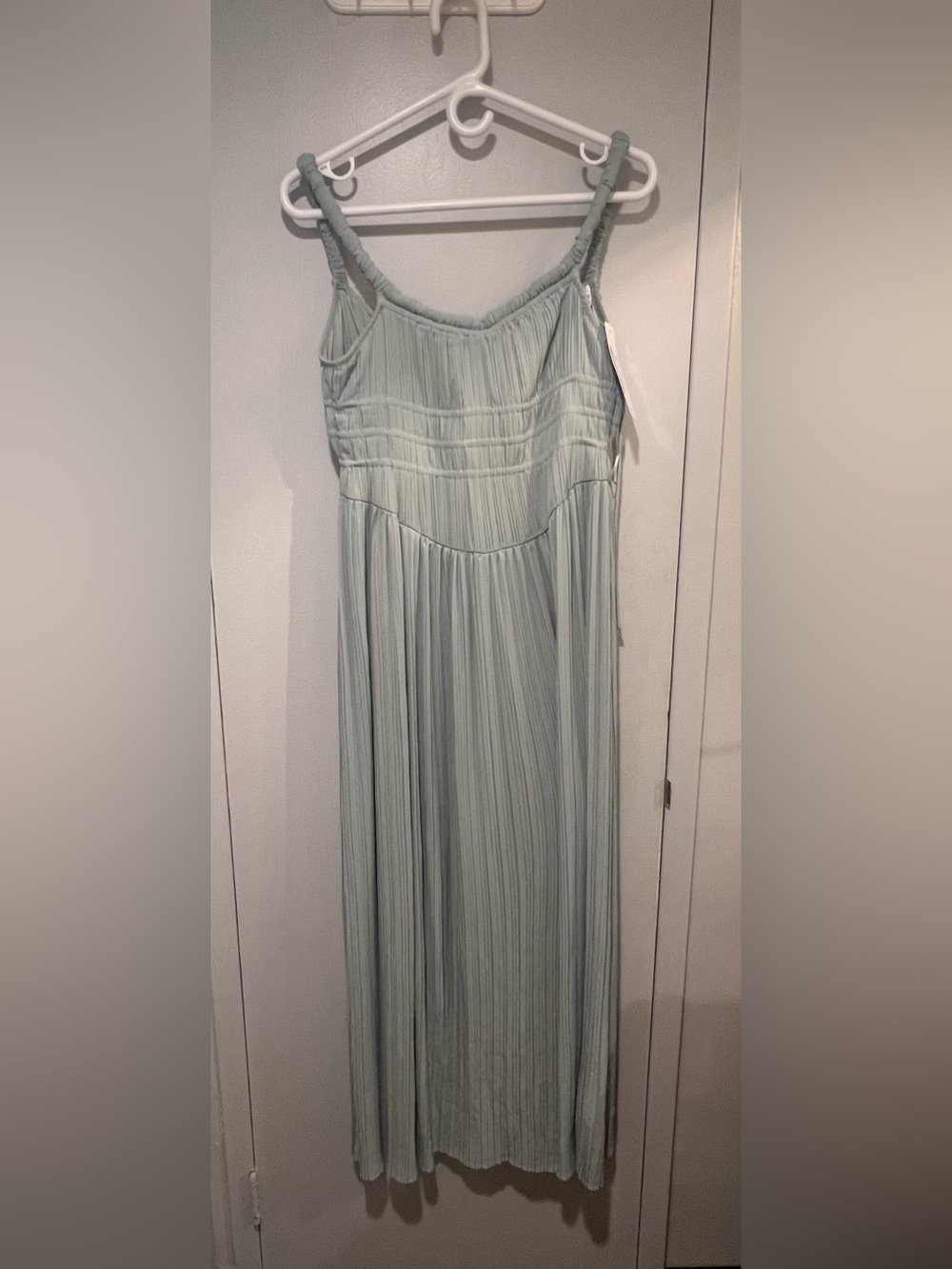 NWT Light Sage Pleated Maxi Dress with Spaghetti Straps